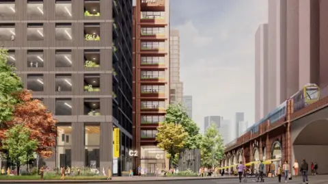 Bruntwood SciTech A digital rendering of the plans, including a new modern tower block and wooded areas, with pedestrians walking under adjacent railway arches over which runs a train. The Manchester skyline of skyscrapers can be seen in the distance.