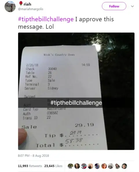 @mariahmargolis screen grab of a tweet from @mariahmargolis reading "#tipthebillchallenge I approve this message. Lol"