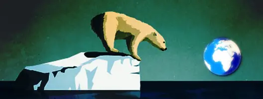 Illustration of a polar bear on a tiny piece of ice looking at planet Earth