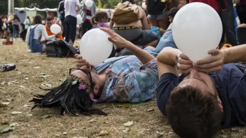 Getty Images Revellers inhale nitrous oxide from balloons