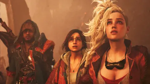 Capcom Screenshot shows a male character carrying a large sword on his back standing alongside two female characters dressed in civilian clothing. All three have their eyes cast upwards, appearing to look nervously at a large object unseen by the viewer.